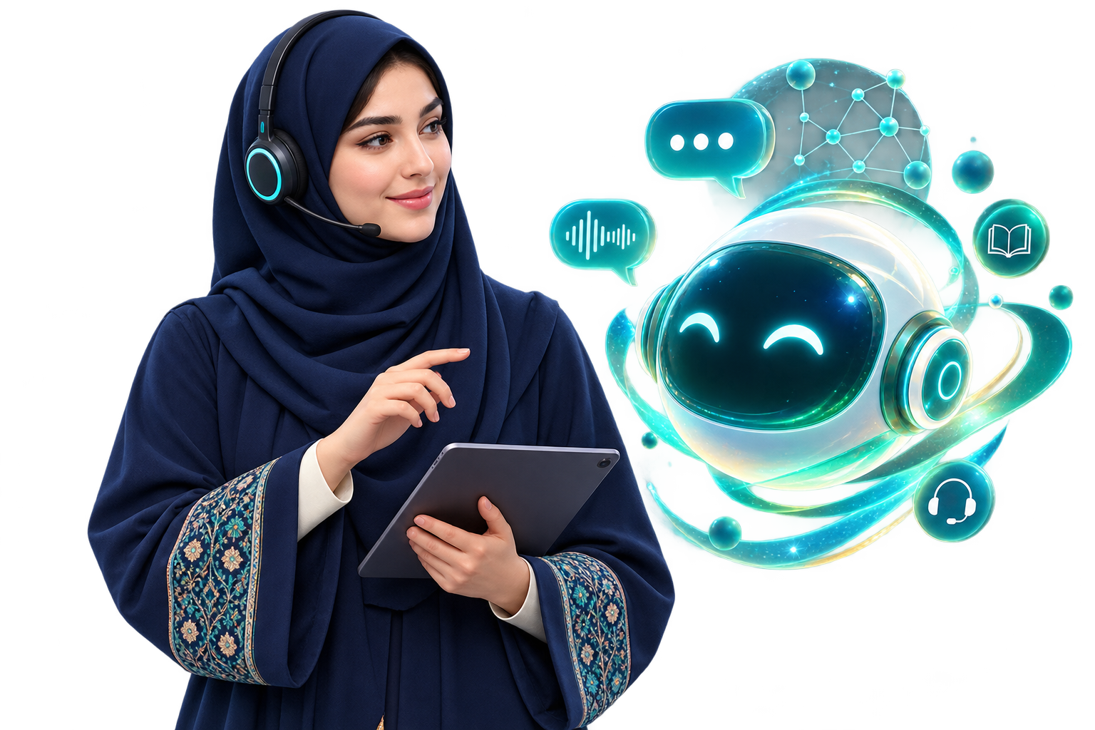 کارشناس ایرانی با حجاب اسلامی در کنار دستیار هوش مصنوعی همراه‌یار